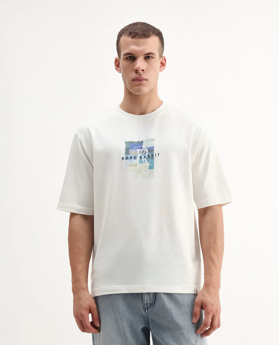 Rare Rabbit Men's Fore Off White Cotton Graphic Print Relaxed Fit Half Sleeve Crew Neck T-Shirt