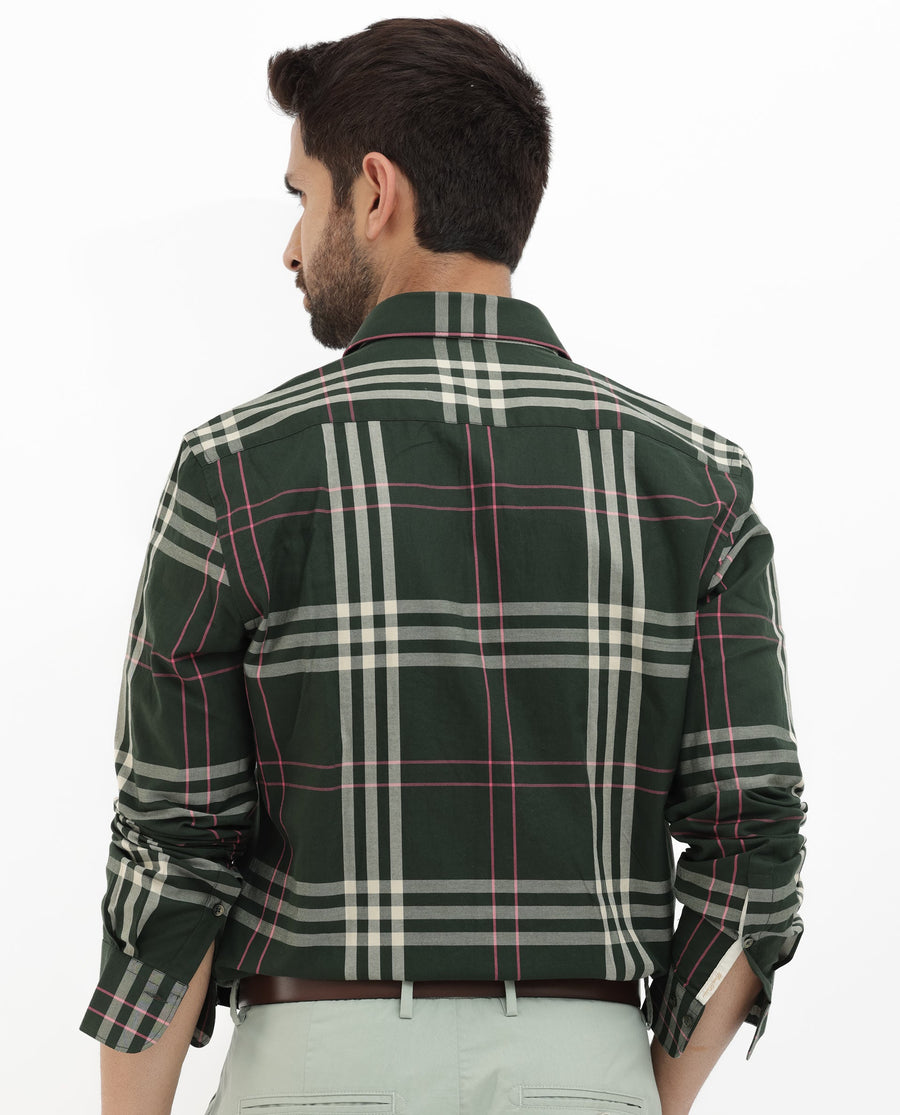 Rare Rabbit Men's Forman Dark Green Cotton Checked Print Regular Fit Full Sleeve Collared Shirt