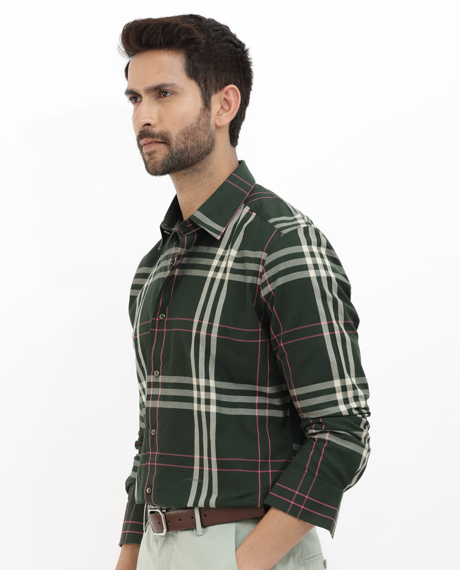 Rare Rabbit Men's Forman Dark Green Cotton Checked Print Regular Fit Full Sleeve Collared Shirt