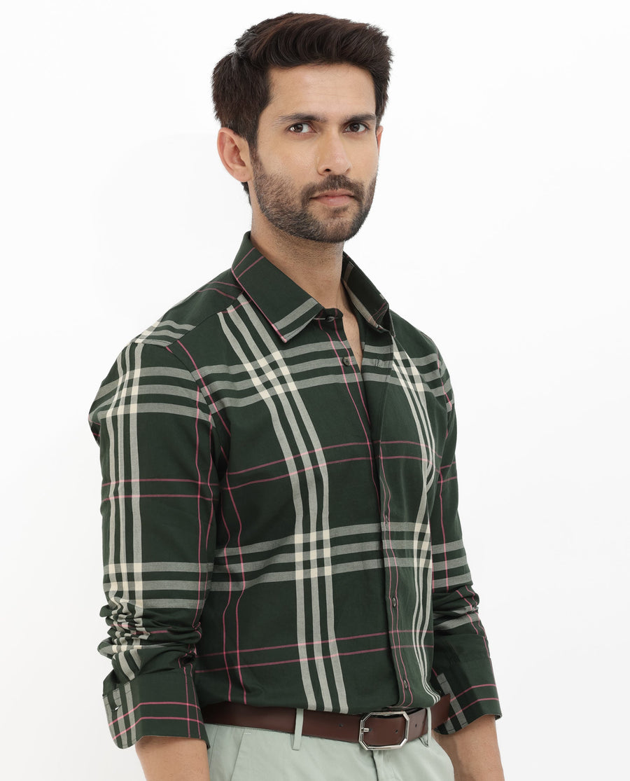 Rare Rabbit Men's Forman Dark Green Cotton Checked Print Regular Fit Full Sleeve Collared Shirt