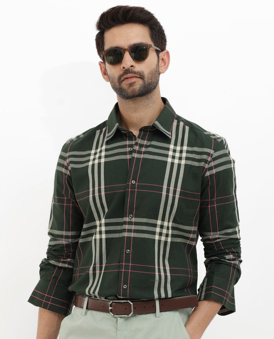 Rare Rabbit Men's Forman Dark Green Cotton Checked Print Regular Fit Full Sleeve Collared Shirt