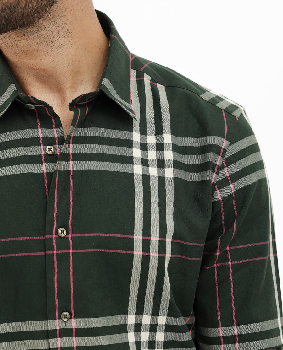 Rare Rabbit Men's Forman Dark Green Cotton Checked Print Regular Fit Full Sleeve Collared Shirt