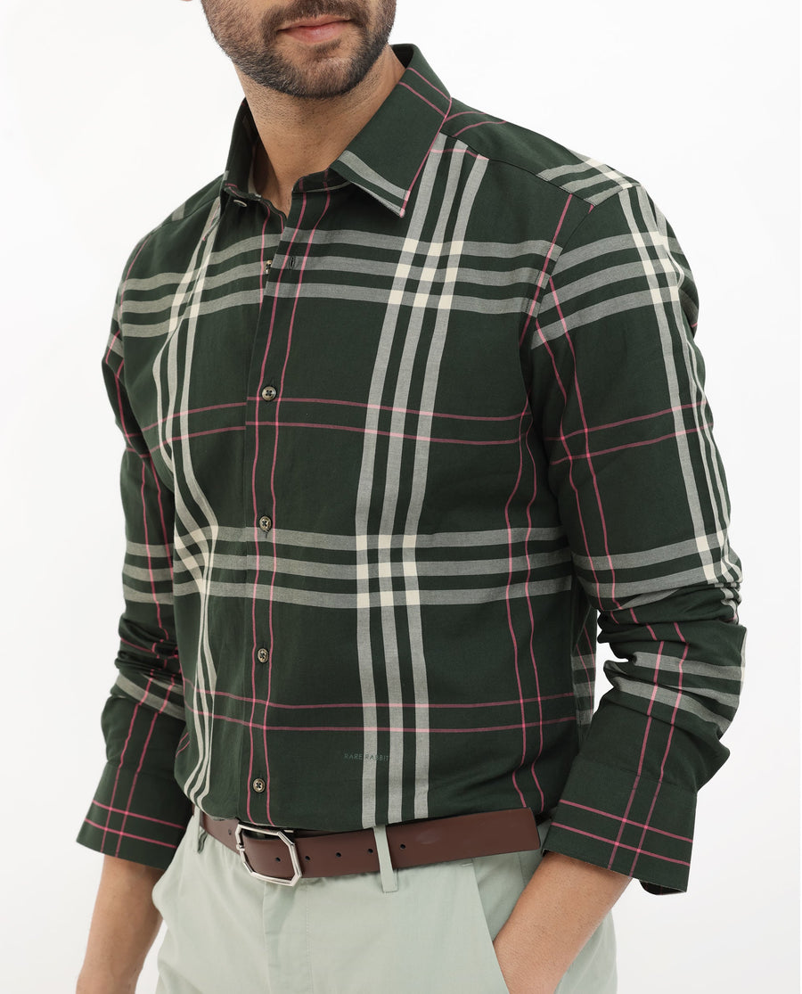 Rare Rabbit Men's Forman Dark Green Cotton Checked Print Regular Fit Full Sleeve Collared Shirt