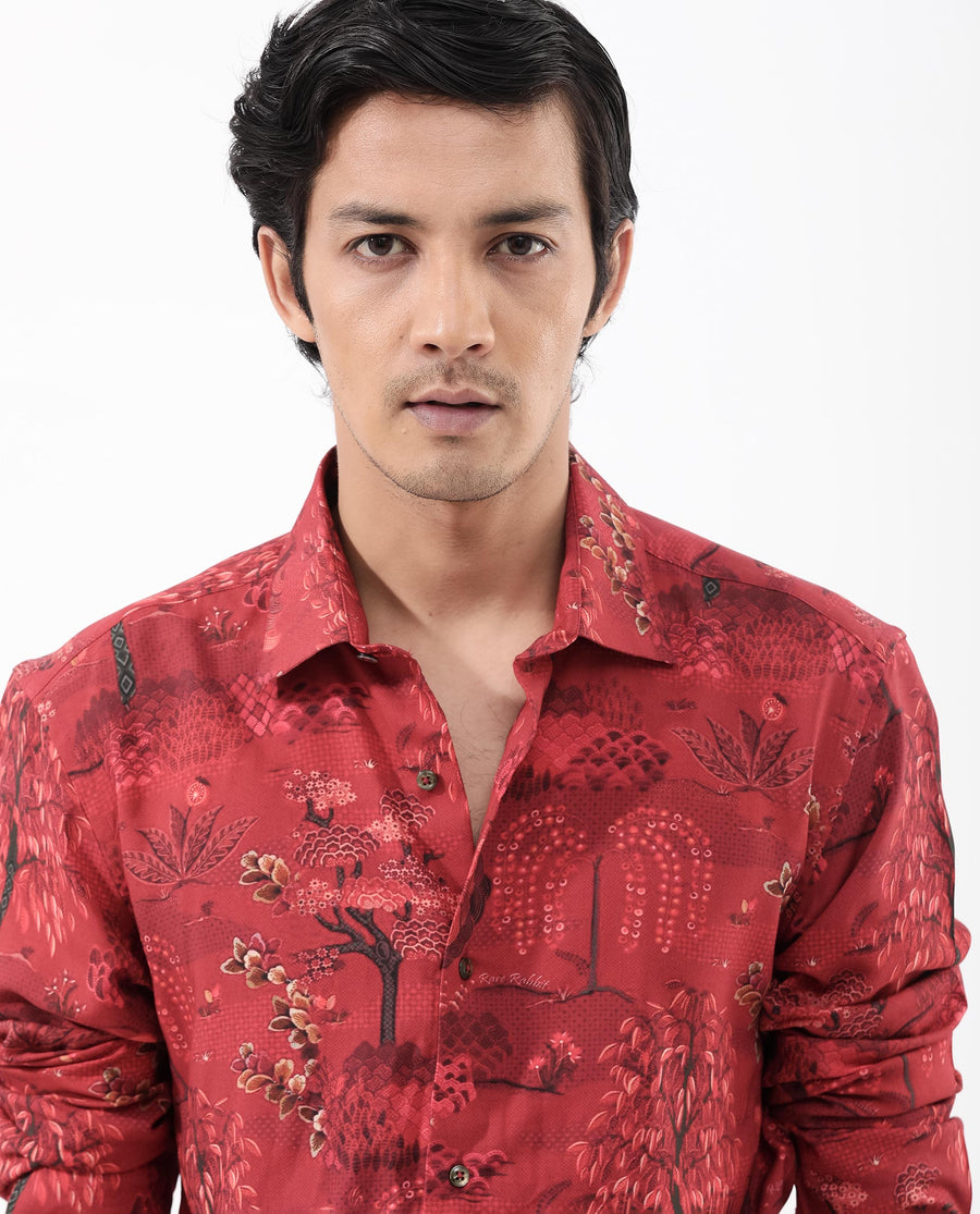 Rare Rabbit Men's Fornia Red Viscose Tropical Print Regular Fit Full Sleeve Collared Shirt