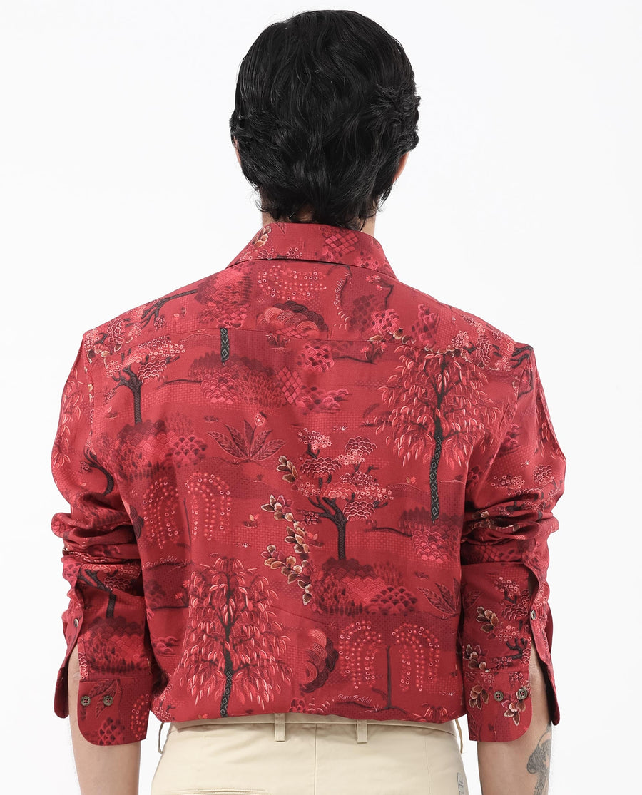 Rare Rabbit Men's Fornia Red Viscose Tropical Print Regular Fit Full Sleeve Collared Shirt
