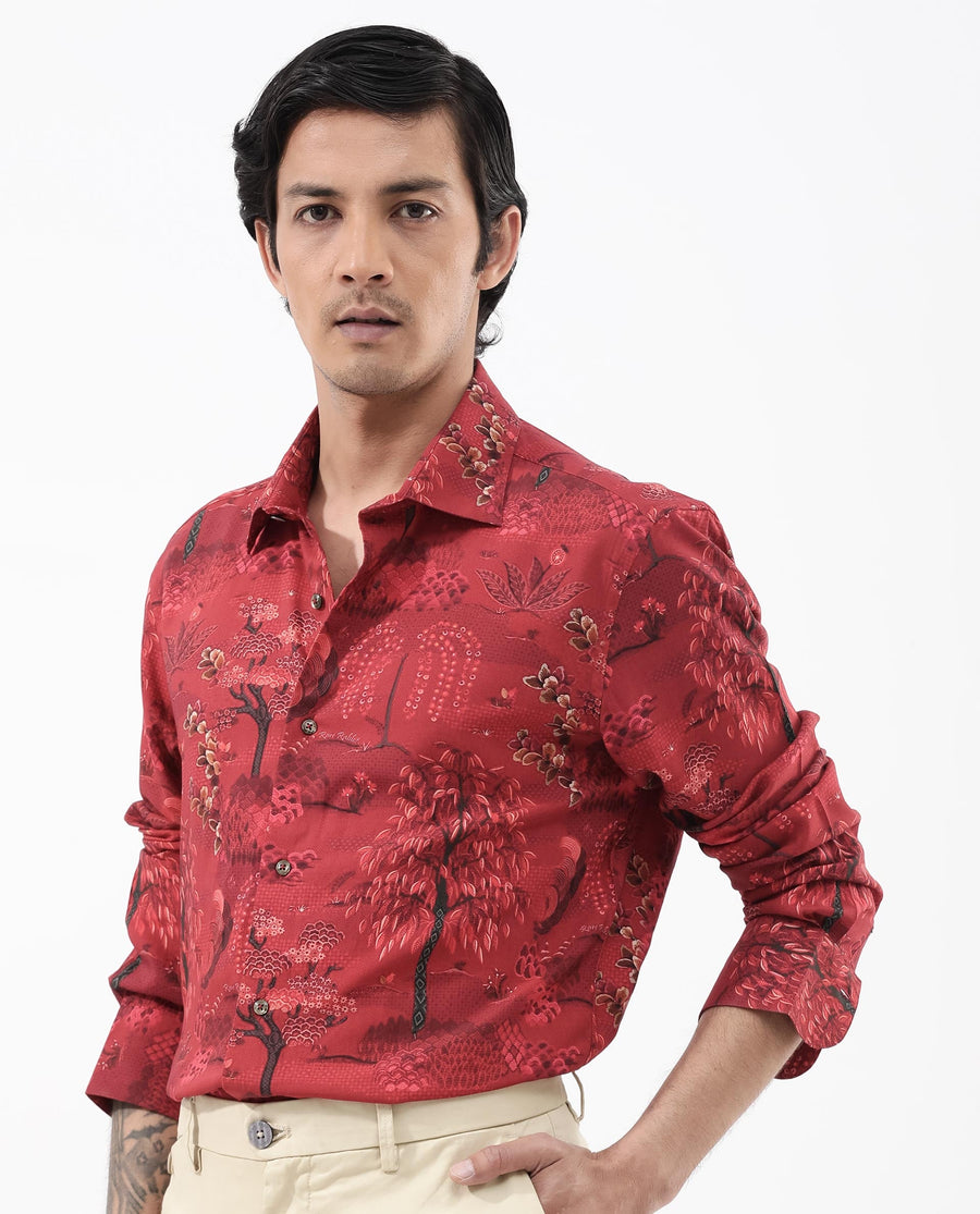 Rare Rabbit Men's Fornia Red Viscose Tropical Print Regular Fit Full Sleeve Collared Shirt