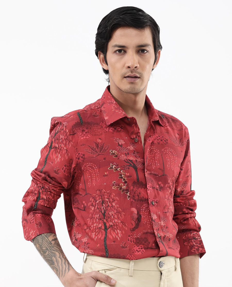 Rare Rabbit Men's Fornia Red Viscose Tropical Print Regular Fit Full Sleeve Collared Shirt