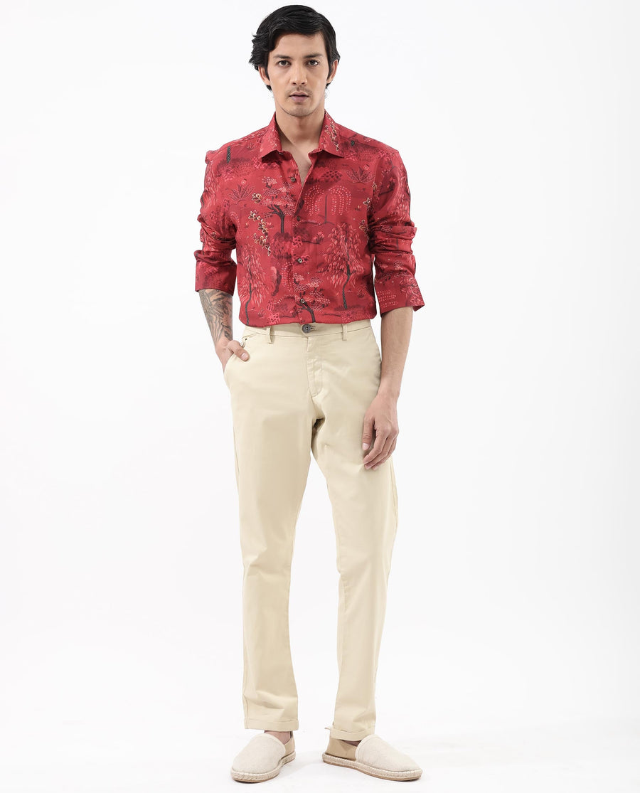 Rare Rabbit Men's Fornia Red Viscose Tropical Print Regular Fit Full Sleeve Collared Shirt