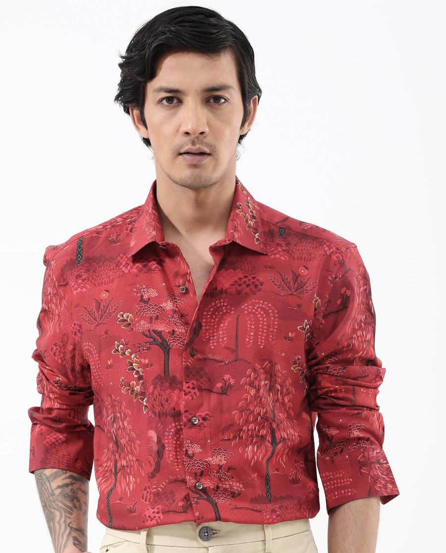 Rare Rabbit Men's Fornia Red Viscose Tropical Print Regular Fit Full Sleeve Collared Shirt