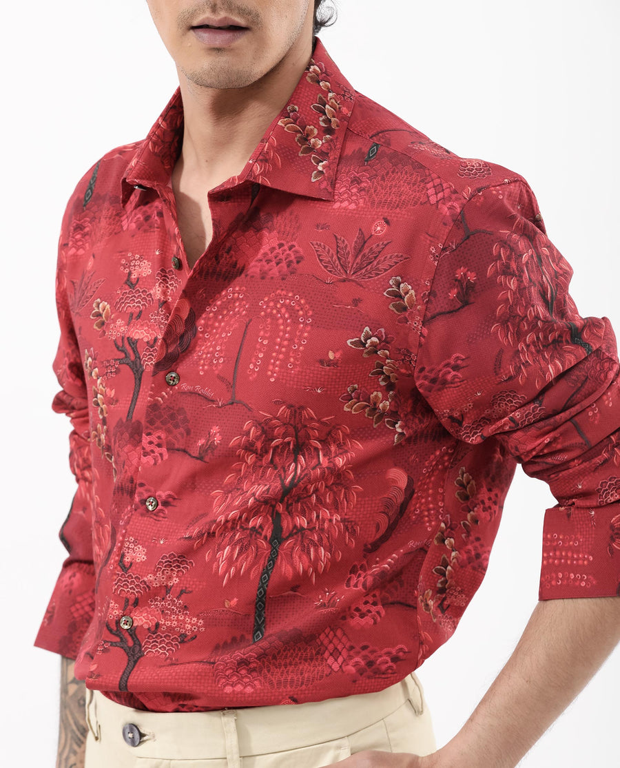 Rare Rabbit Men's Fornia Red Viscose Tropical Print Regular Fit Full Sleeve Collared Shirt