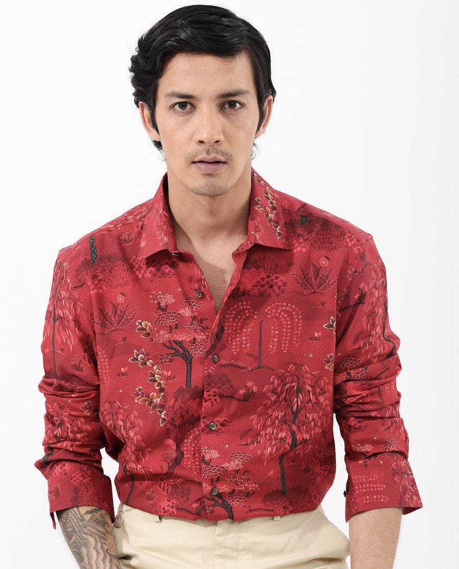 Rare Rabbit Men's Fornia Red Viscose Tropical Print Regular Fit Full Sleeve Collared Shirt