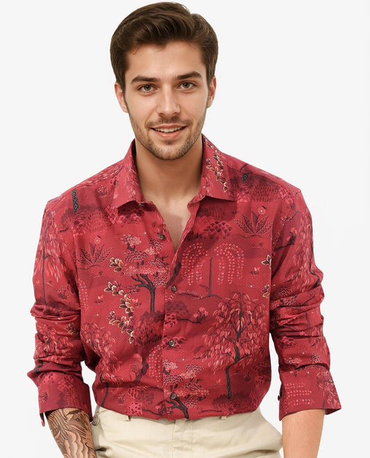 Rare Rabbit Men's Fornia Red Viscose Tropical Print Regular Fit Full Sleeve Collared Shirt