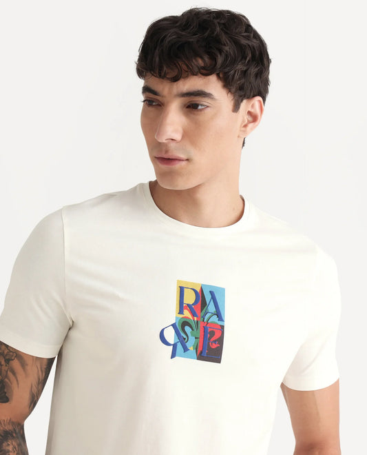 Rare Rabbit Men's For Off White Cotton Blend Fabric Crew Neck Regular Graphic Print T-Shirt
