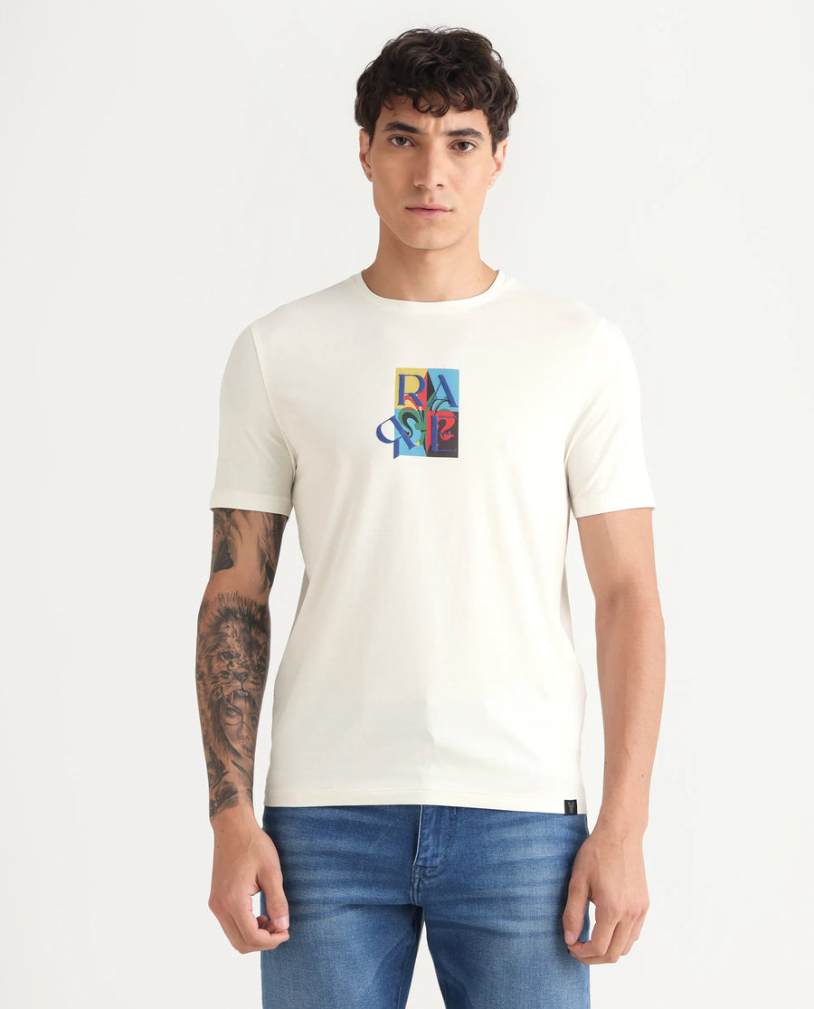 Rare Rabbit Men's For Off White Cotton Blend Fabric Crew Neck Regular Graphic Print T-Shirt