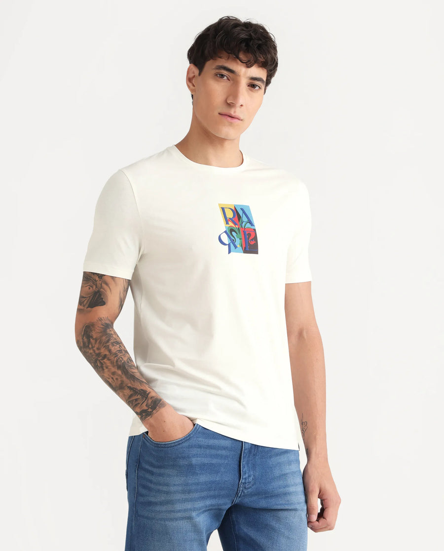 Rare Rabbit Men's For Off White Cotton Blend Fabric Crew Neck Regular Graphic Print T-Shirt