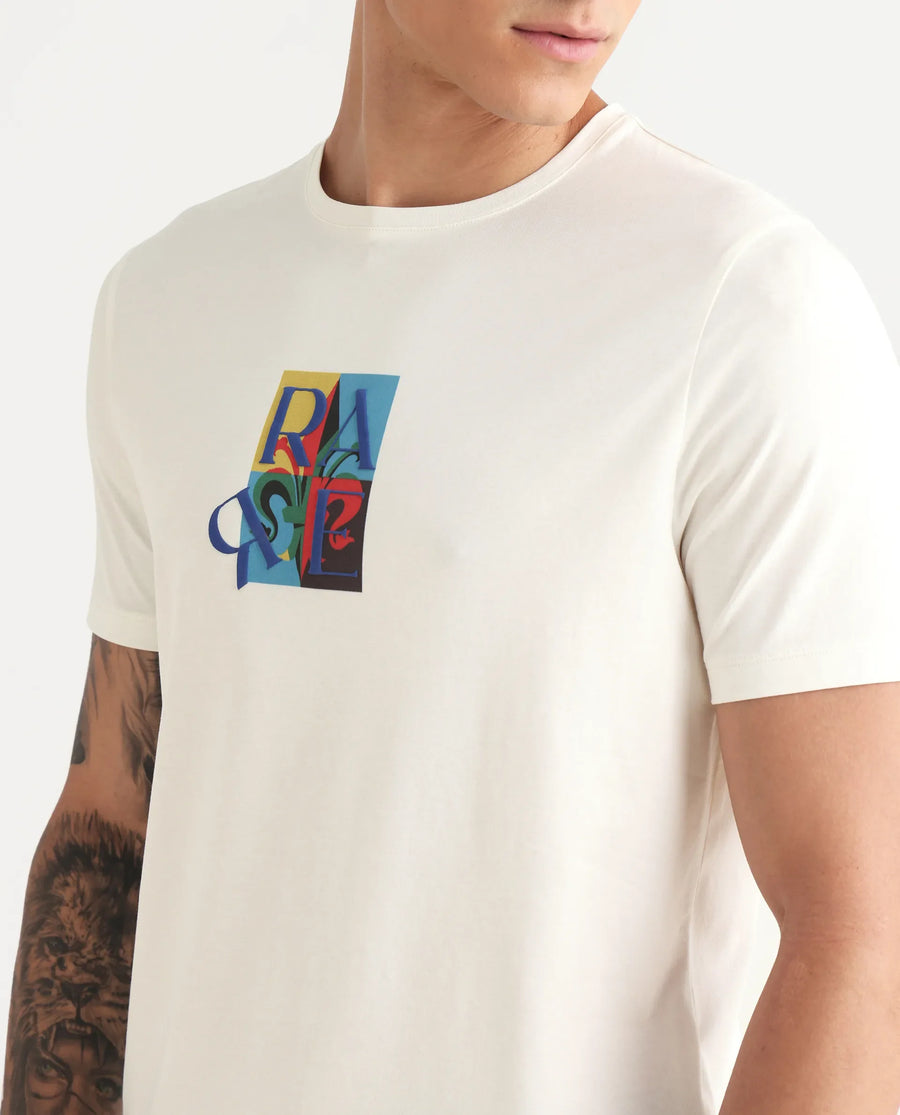 Rare Rabbit Men's For Off White Cotton Blend Fabric Crew Neck Regular Graphic Print T-Shirt