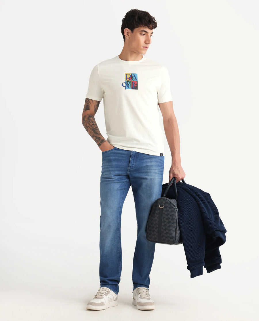 Rare Rabbit Men's For Off White Cotton Blend Fabric Crew Neck Regular Graphic Print T-Shirt