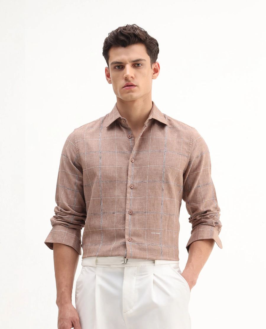 Rare Rabbit Men's Foter Bronze Polyester Blend Embroidered Regular Fit Full Sleeve Collared Shirt