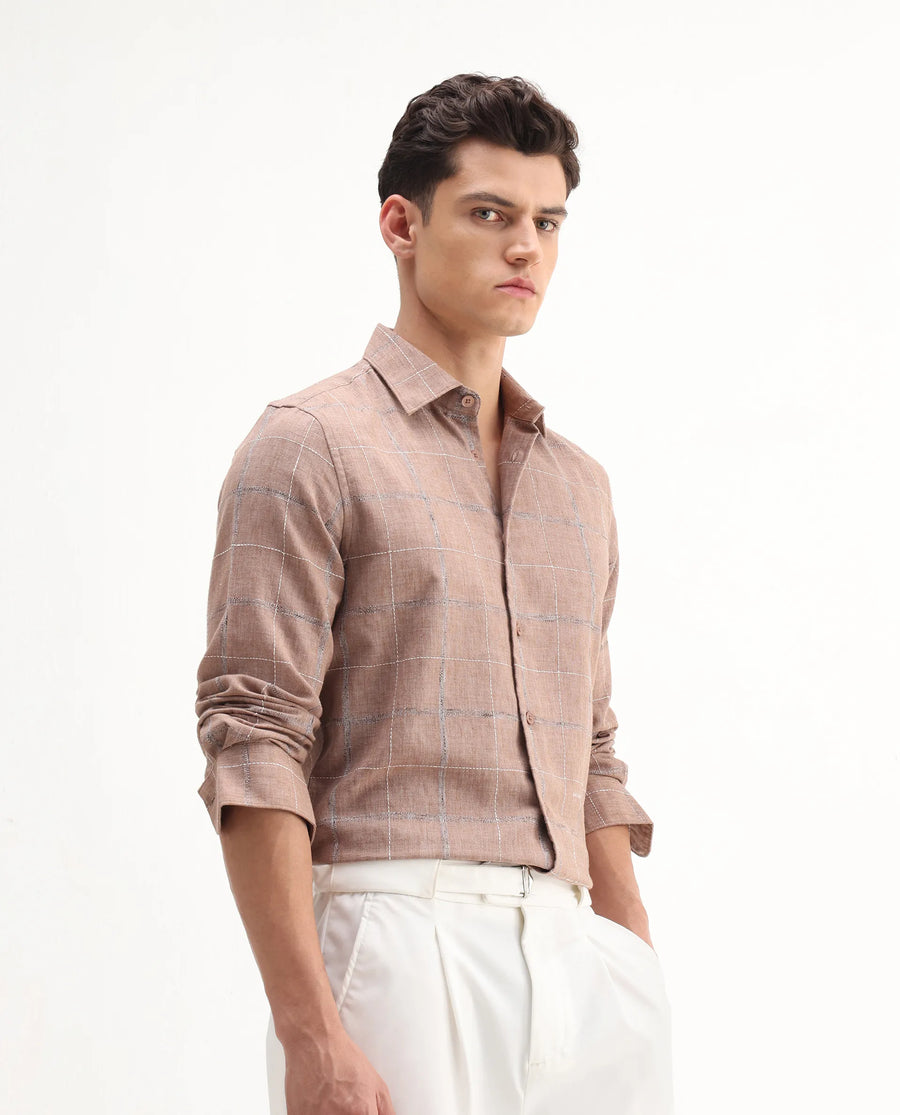 Rare Rabbit Men's Foter Bronze Polyester Blend Embroidered Regular Fit Full Sleeve Collared Shirt