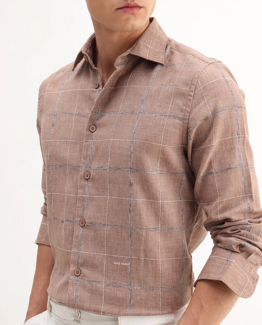 Rare Rabbit Men's Foter Bronze Polyester Blend Embroidered Regular Fit Full Sleeve Collared Shirt