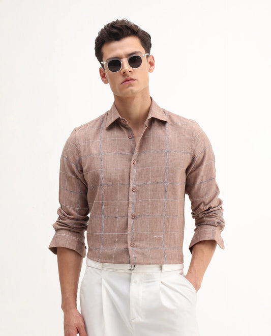 Rare Rabbit Men's Foter Bronze Polyester Blend Embroidered Regular Fit Full Sleeve Collared Shirt