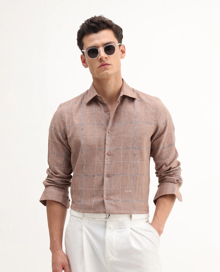 Rare Rabbit Men's Foter Bronze Polyester Blend Embroidered Regular Fit Full Sleeve Collared Shirt
