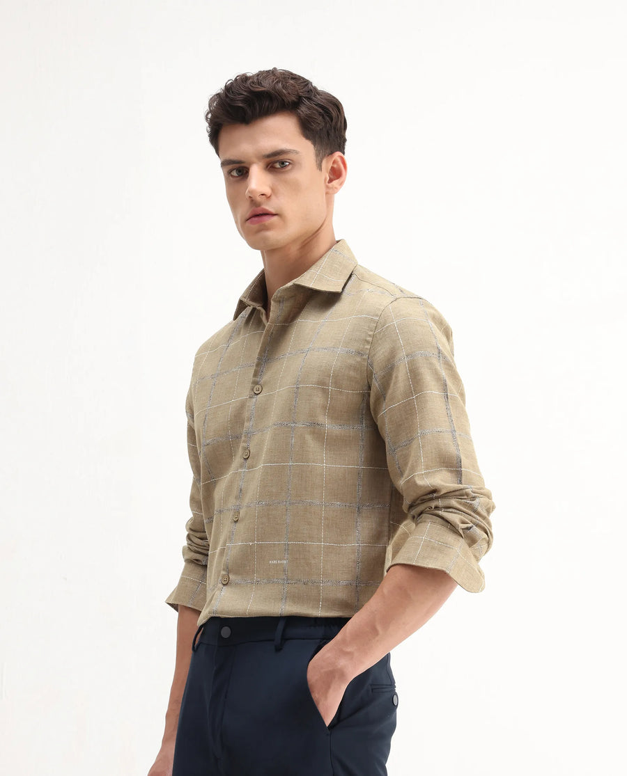 Rare Rabbit Men's Foter Khaki Polyester Blend Embroidered Regular Fit Full Sleeve Collared Shirt
