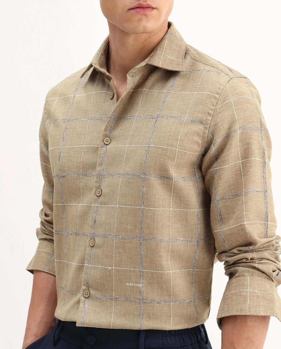 Rare Rabbit Men's Foter Khaki Polyester Blend Embroidered Regular Fit Full Sleeve Collared Shirt