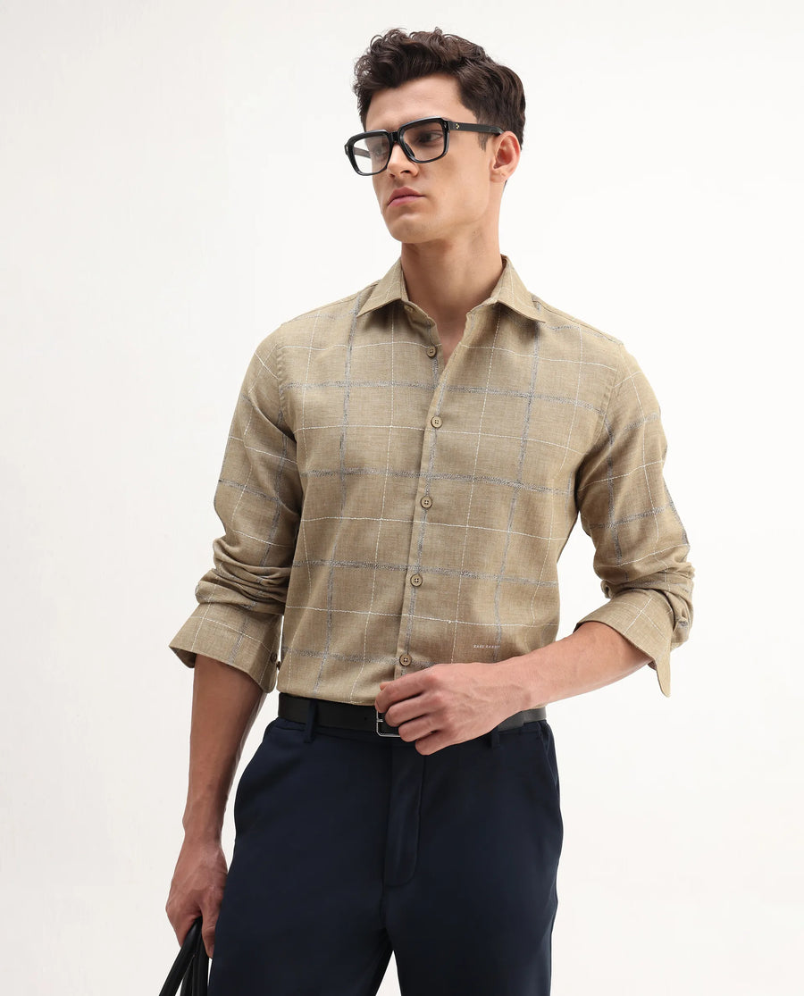 Rare Rabbit Men's Foter Khaki Polyester Blend Embroidered Regular Fit Full Sleeve Collared Shirt