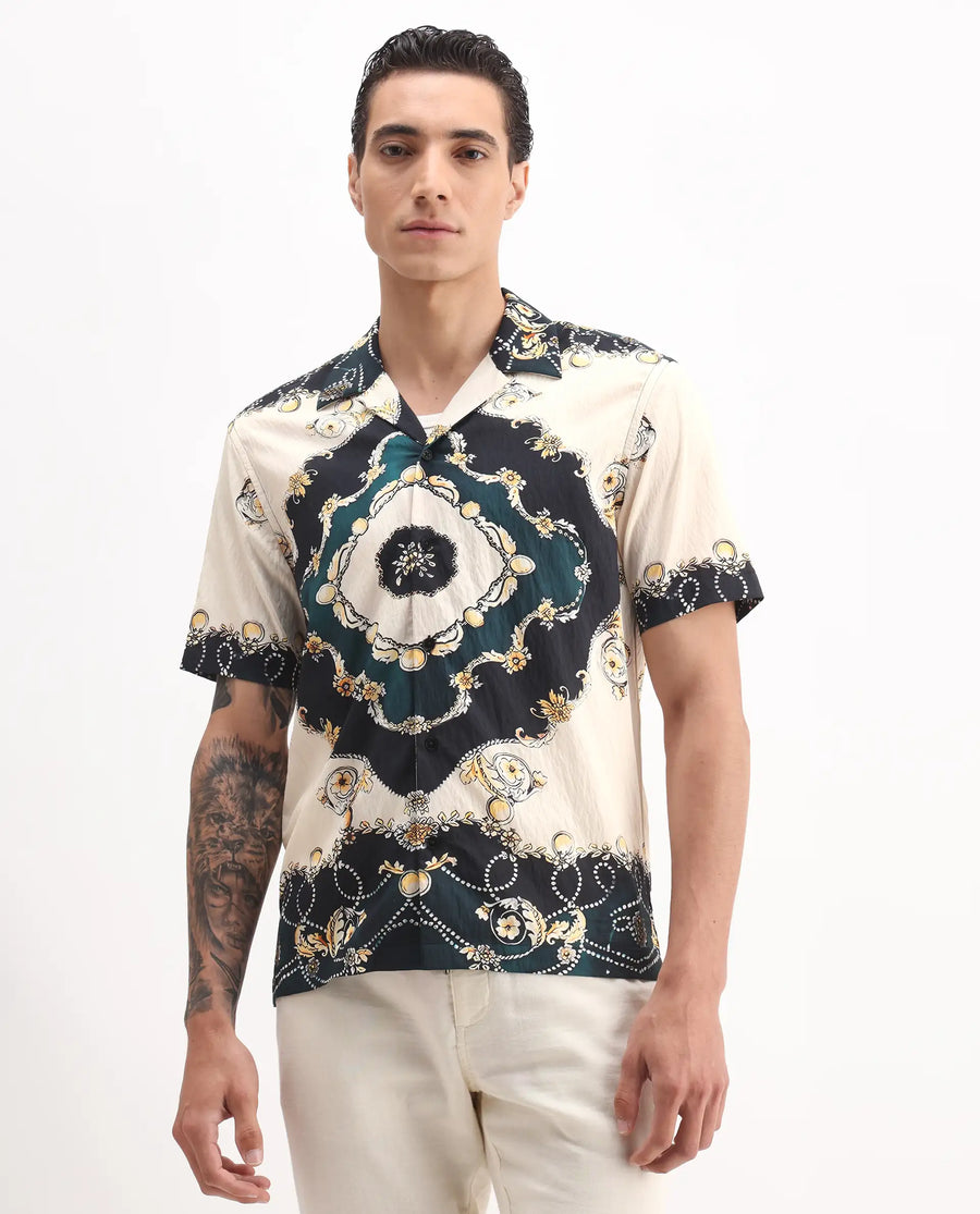 Rare Rabbit Men's Fovix Off Whte Viscose Blend Ornamental Print Relaxed Fit Half Sleeve Cuban Collar Shirt