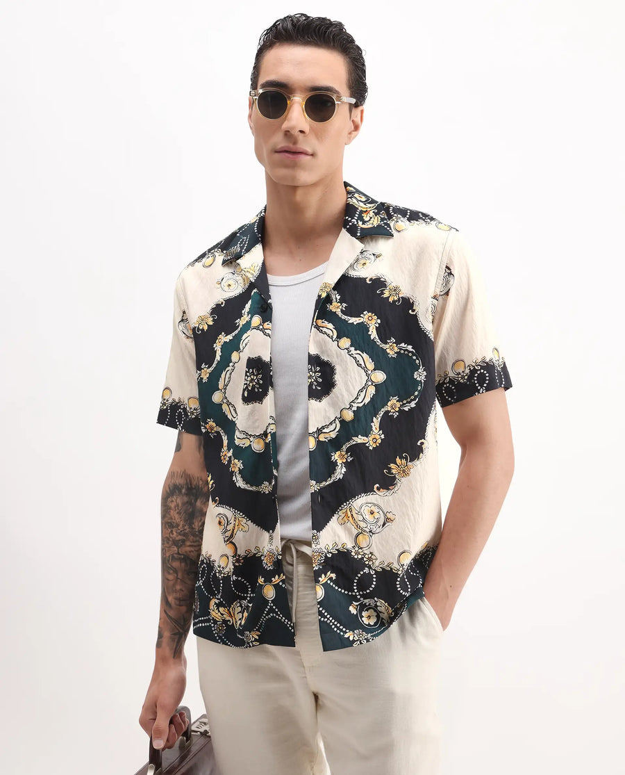 Rare Rabbit Men's Fovix Off Whte Viscose Blend Ornamental Print Relaxed Fit Half Sleeve Cuban Collar Shirt