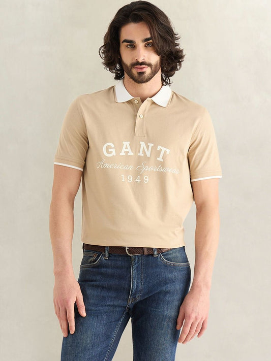 Gant Men Beige Printed Regular Fit Pure Cotton Polo T-Shirt