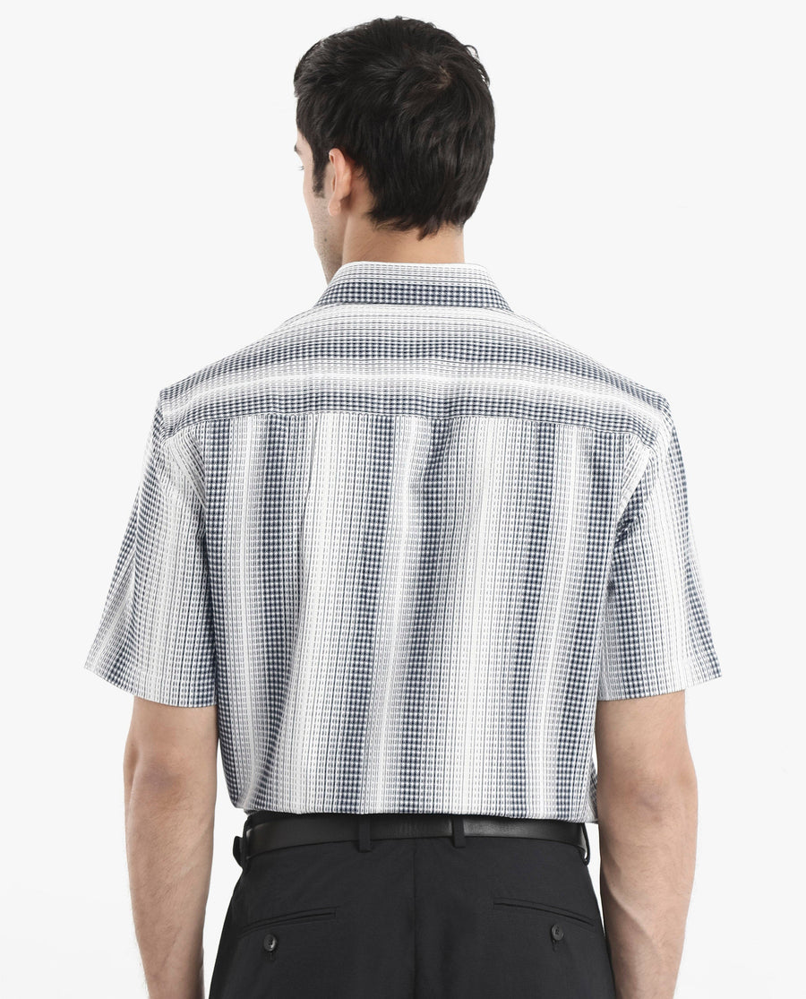 Rare Rabbit Men's Frawla Dark Blue Cotton Striped Print Boxy Fit Half Sleeve Collared Shirt