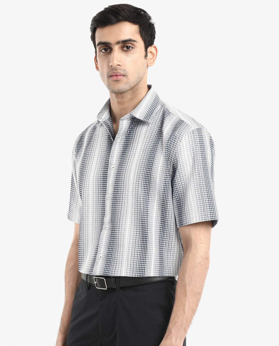 Rare Rabbit Men's Frawla Dark Blue Cotton Striped Print Boxy Fit Half Sleeve Collared Shirt