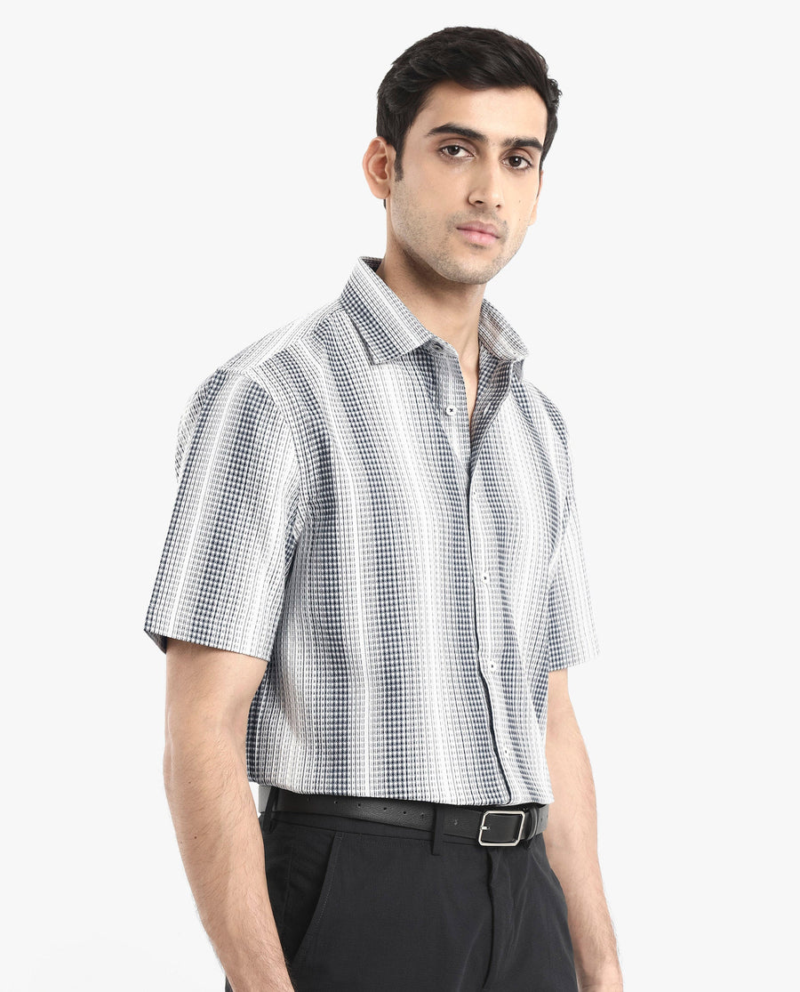 Rare Rabbit Men's Frawla Dark Blue Cotton Striped Print Boxy Fit Half Sleeve Collared Shirt