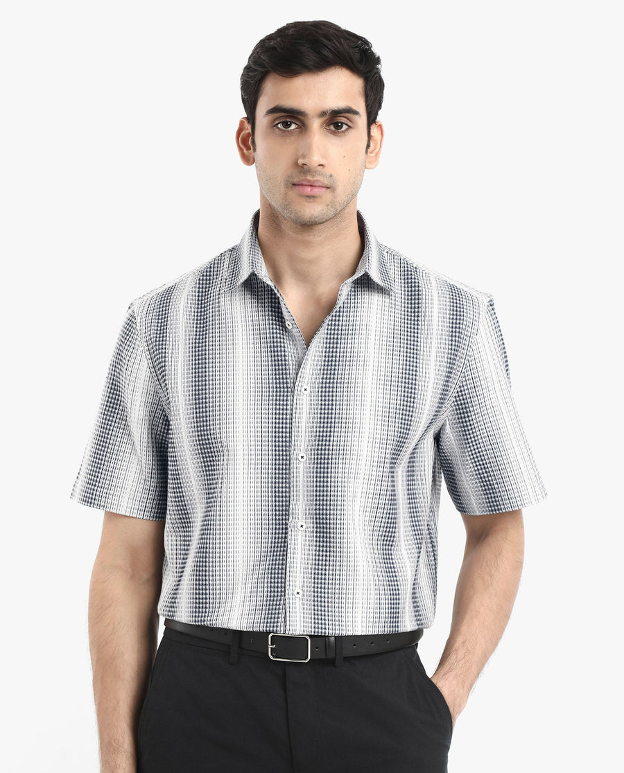 Rare Rabbit Men's Frawla Dark Blue Cotton Striped Print Boxy Fit Half Sleeve Collared Shirt