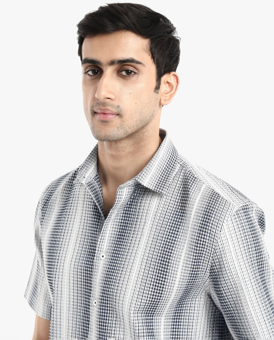 Rare Rabbit Men's Frawla Dark Blue Cotton Striped Print Boxy Fit Half Sleeve Collared Shirt
