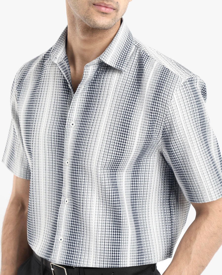 Rare Rabbit Men's Frawla Dark Blue Cotton Striped Print Boxy Fit Half Sleeve Collared Shirt