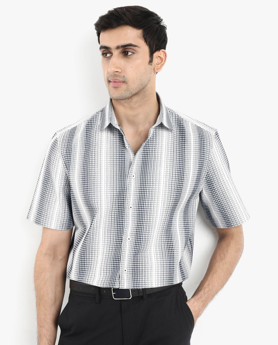 Rare Rabbit Men's Frawla Dark Blue Cotton Striped Print Boxy Fit Half Sleeve Collared Shirt