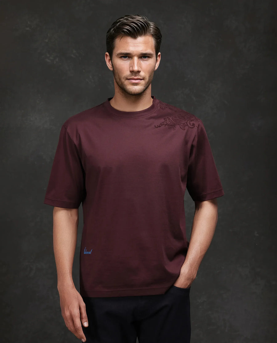 Rare Rabbit Men's Frax Brown Cotton Flock Print Barcelone Fit Half Sleeve Crew Neck T-Shirt