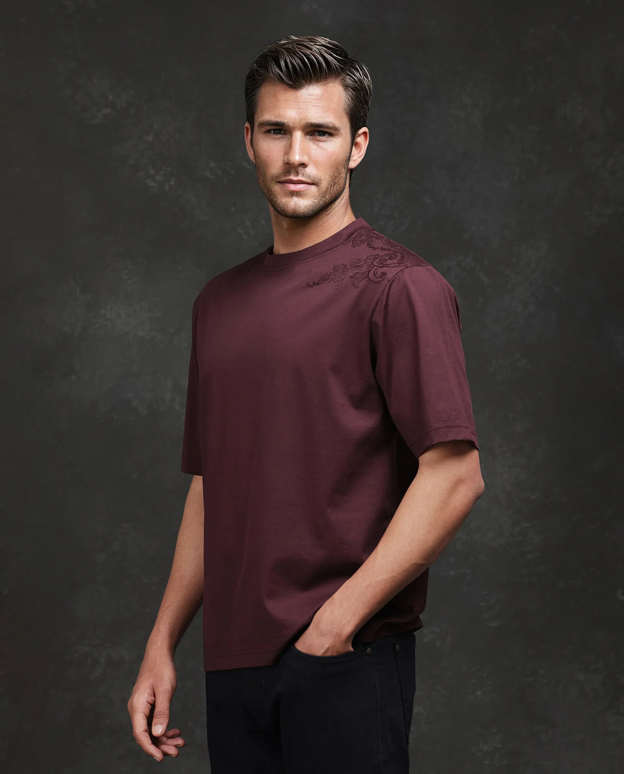 Rare Rabbit Men's Frax Brown Cotton Flock Print Barcelone Fit Half Sleeve Crew Neck T-Shirt