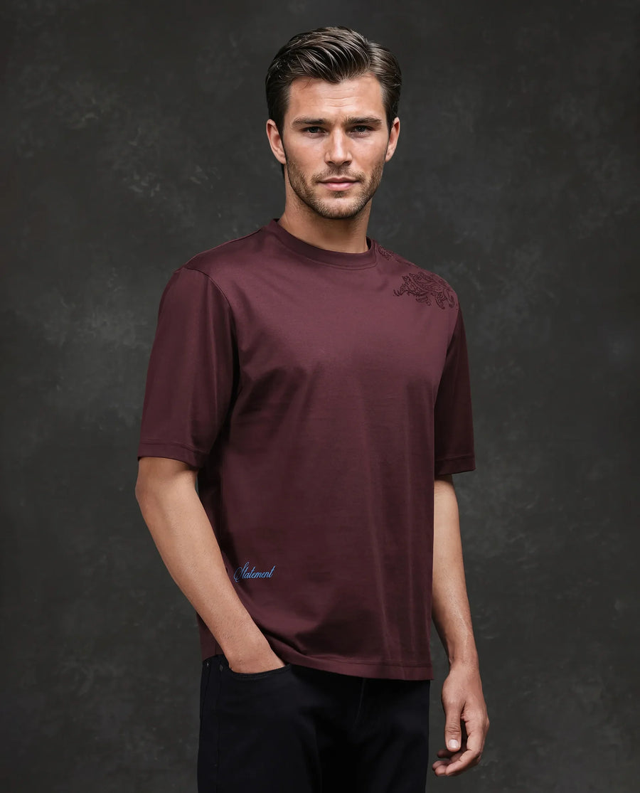 Rare Rabbit Men's Frax Brown Cotton Flock Print Barcelone Fit Half Sleeve Crew Neck T-Shirt