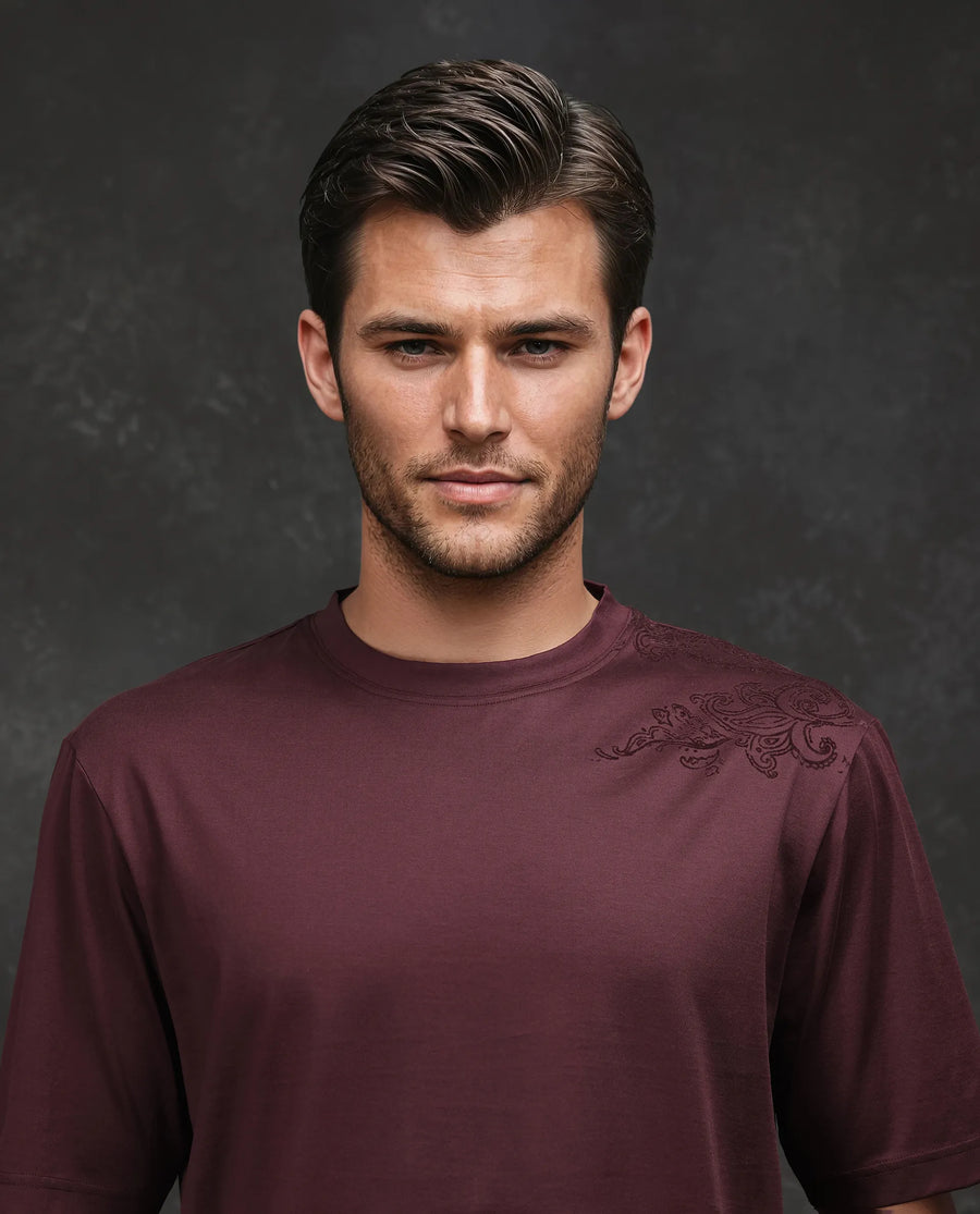 Rare Rabbit Men's Frax Brown Cotton Flock Print Barcelone Fit Half Sleeve Crew Neck T-Shirt