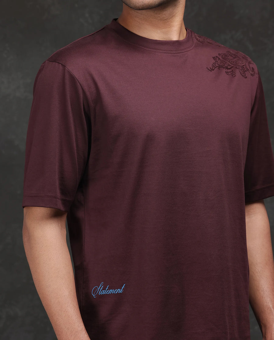 Rare Rabbit Men's Frax Brown Cotton Flock Print Barcelone Fit Half Sleeve Crew Neck T-Shirt