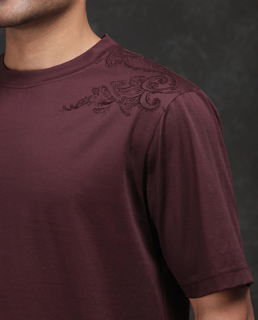 Rare Rabbit Men's Frax Brown Cotton Flock Print Barcelone Fit Half Sleeve Crew Neck T-Shirt