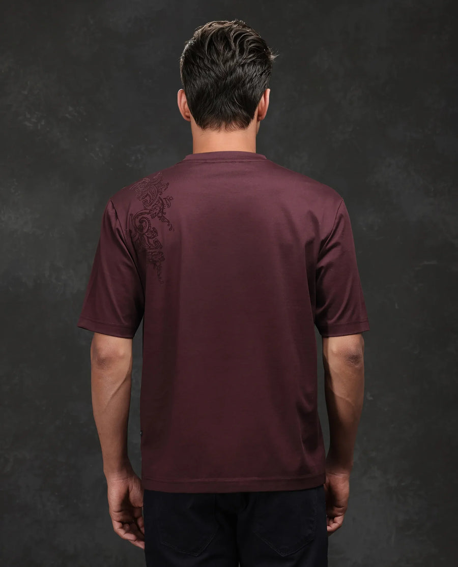 Rare Rabbit Men's Frax Brown Cotton Flock Print Barcelone Fit Half Sleeve Crew Neck T-Shirt