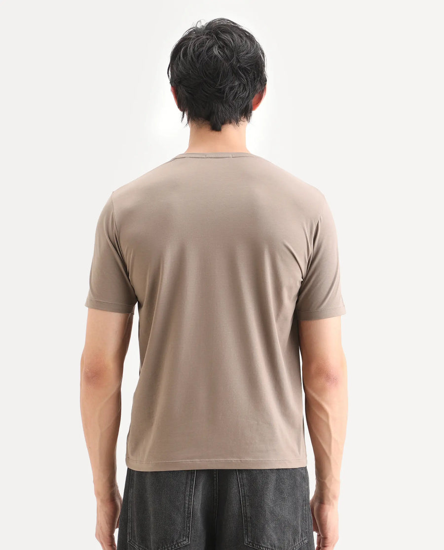Rare Rabbit Men's Frea Beige Cotton Blend Fabric Half Sleeve Crew Neck Regular Fit Plain T-Shirt