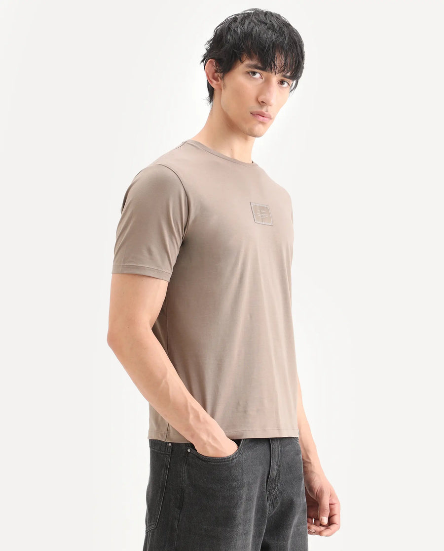 Rare Rabbit Men's Frea Beige Cotton Blend Fabric Half Sleeve Crew Neck Regular Fit Plain T-Shirt