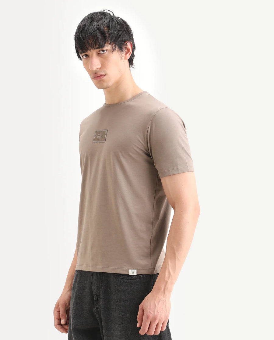 Rare Rabbit Men's Frea Beige Cotton Blend Fabric Half Sleeve Crew Neck Regular Fit Plain T-Shirt