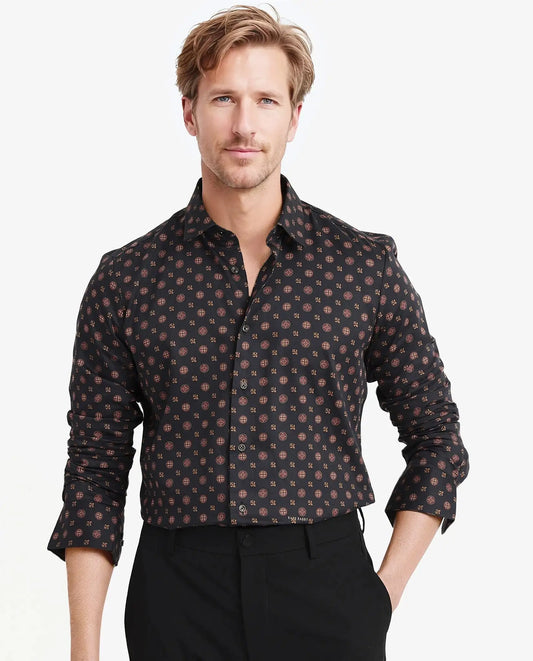 Rare Rabbit Men's Freya- Black Cotton Geometric Print Regular Fit Full Sleeve Collared Shirt